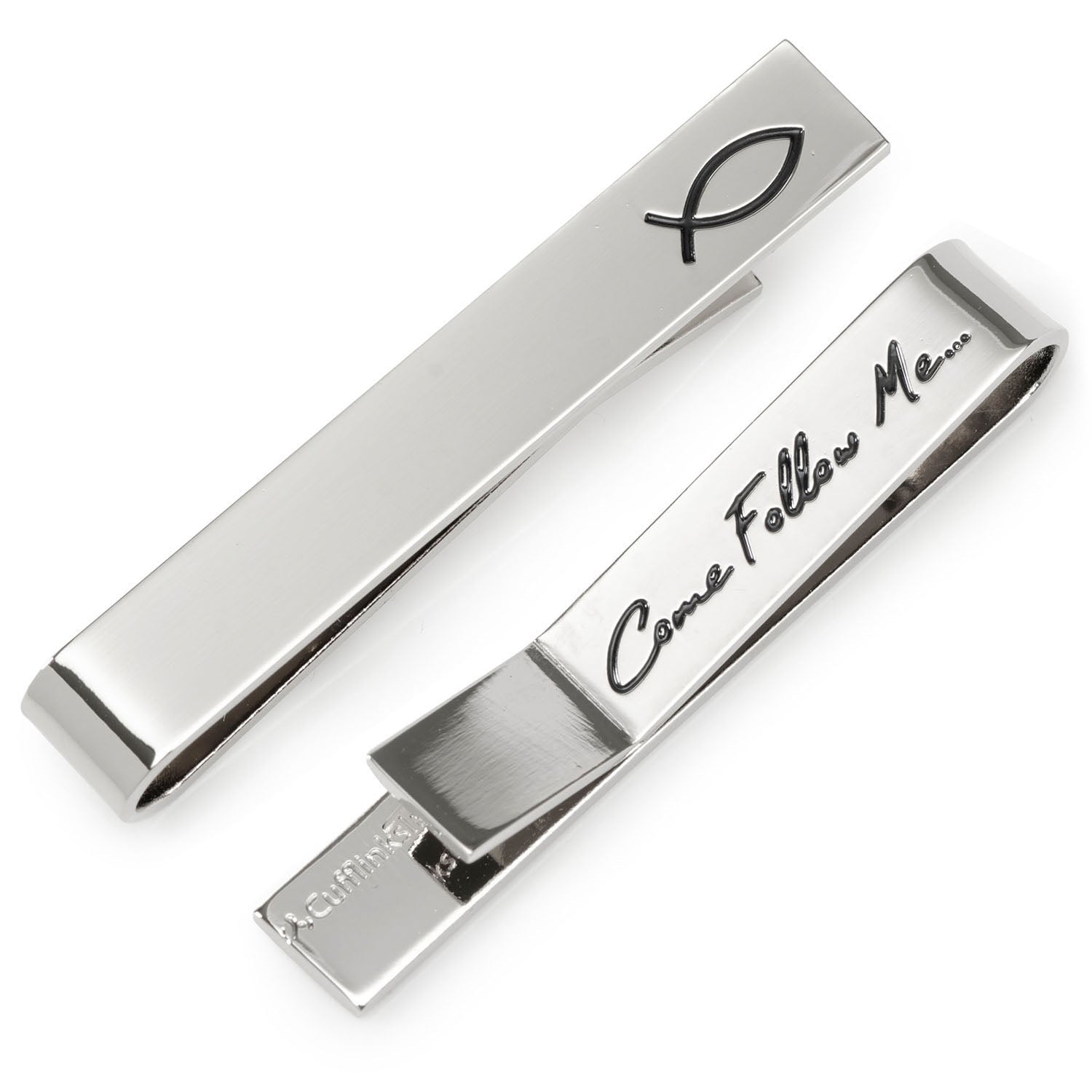 Silver tone tie bar featuring an ichthys fish symbol on the front and Come Follow Me engraved on the back, shown on a black tie.
