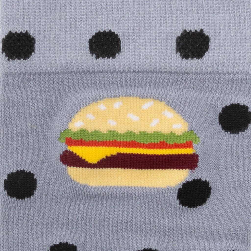 Men's Gray Cheeseburger Print Polka Dot Crew Socks - Image 3