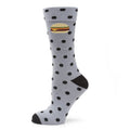 Men's crew socks in gray featuring black polka dots and a small cheeseburger icon.