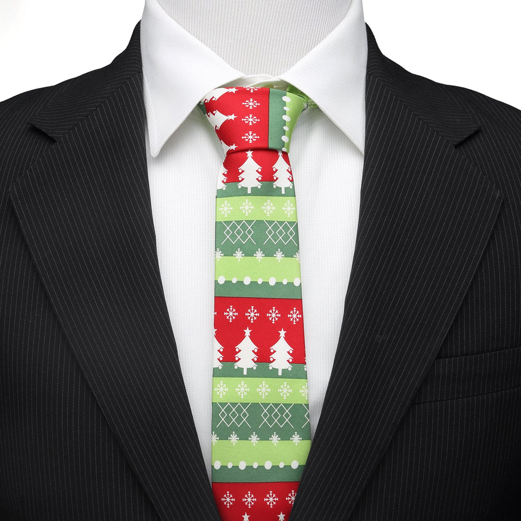 Red and Green Christmas Tree Pattern Silk Necktie - Image 2