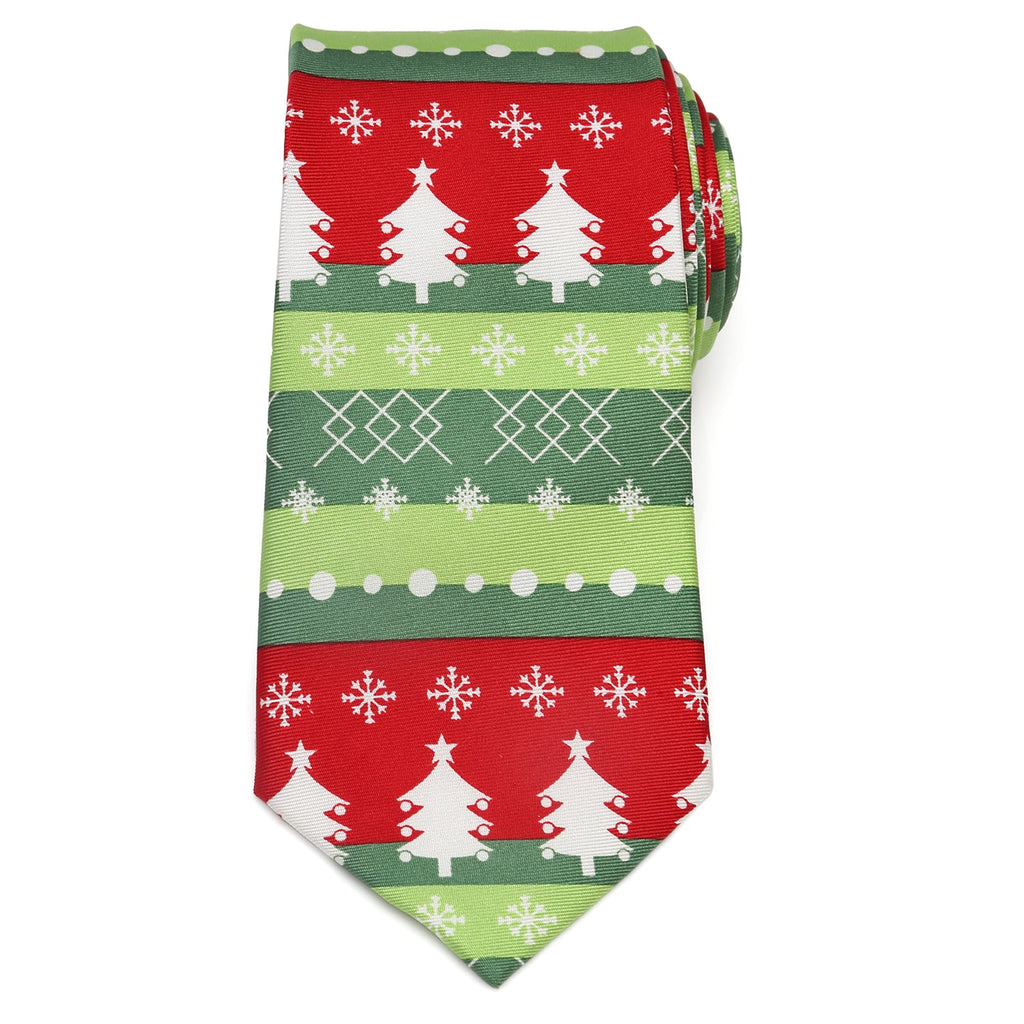 Red and Green Christmas Tree Pattern Silk Necktie - Image 3