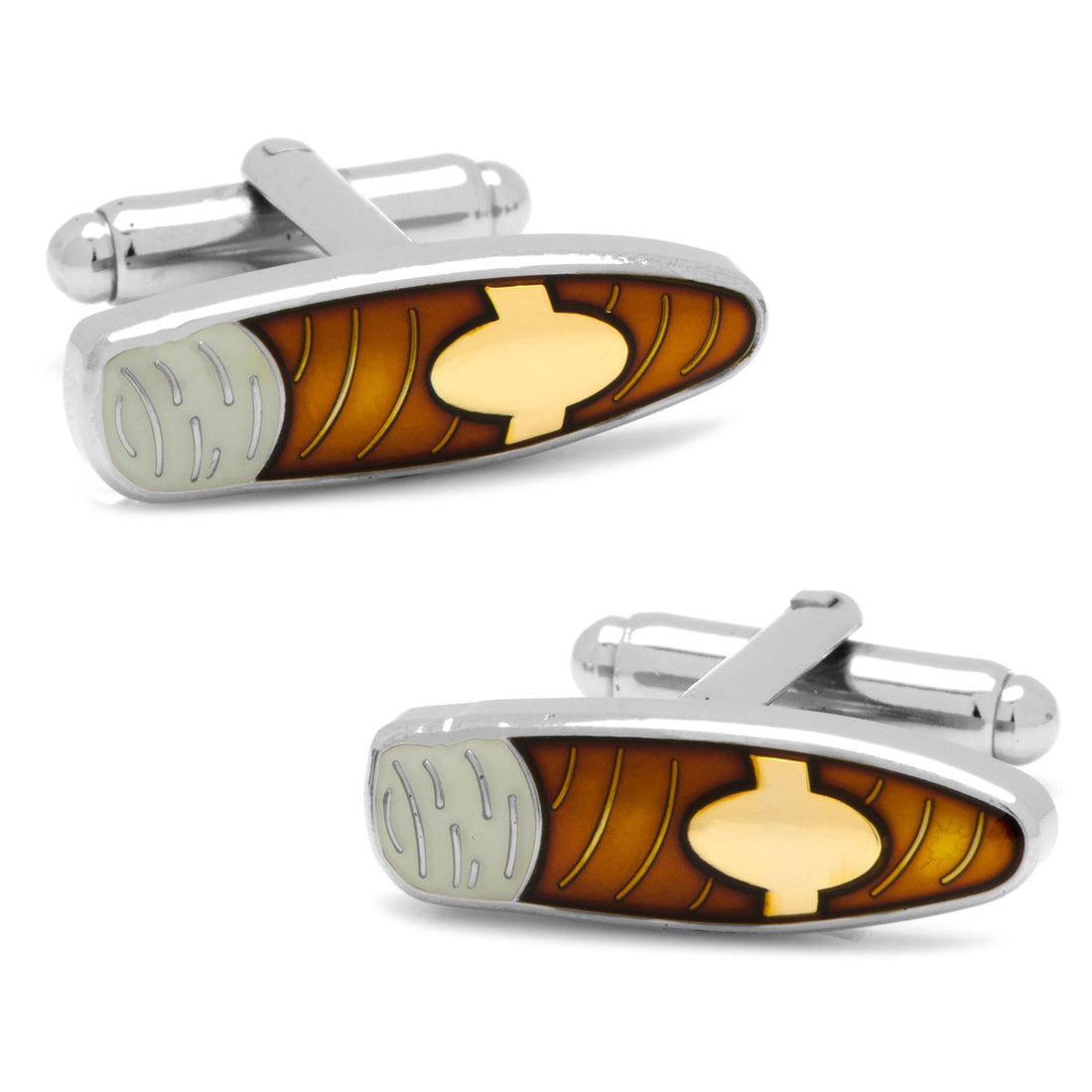 A pair of cigar-shaped cufflinks featuring brown enamel, silver, and brass plating.