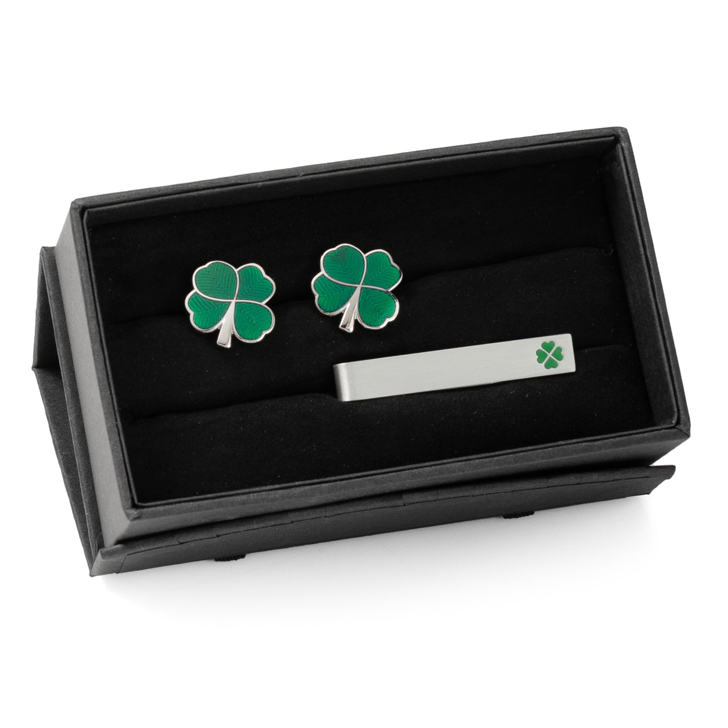 Green Clover Shamrock Cufflinks and Engraved Tie Bar Gift Set - Image 2
