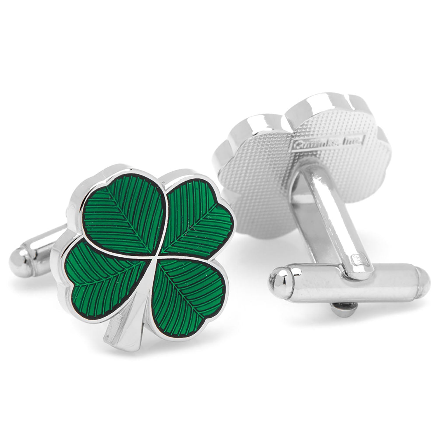 Green Clover Shamrock Cufflinks and Engraved Tie Bar Gift Set - Image 4