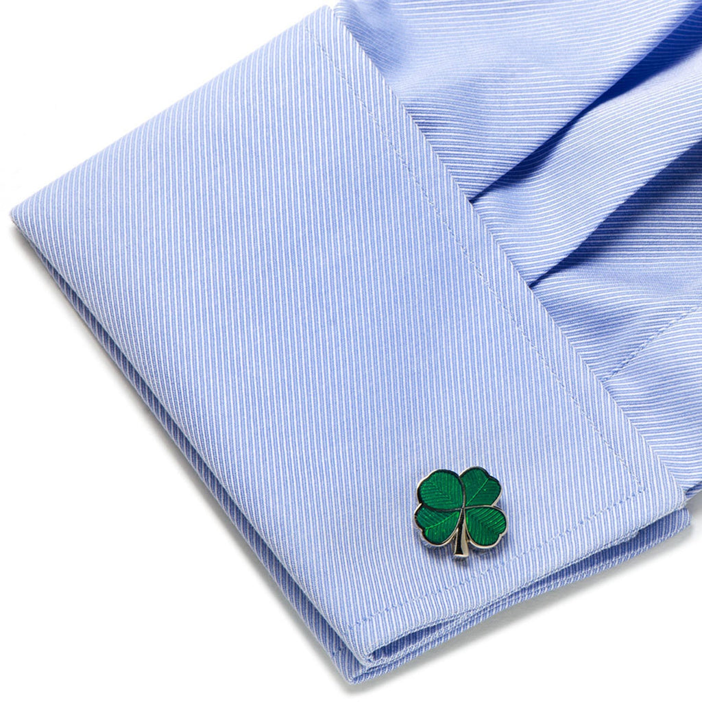 Green Clover Shamrock Cufflinks and Engraved Tie Bar Gift Set - Image 5