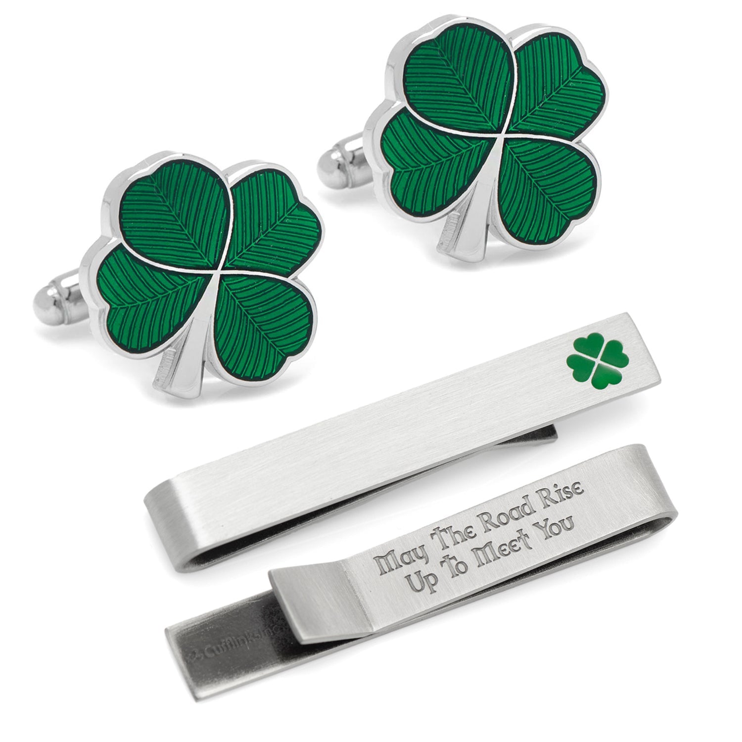 Green clover design cufflinks paired with a brushed silver tie bar featuring a hidden Irish blessing inscription.