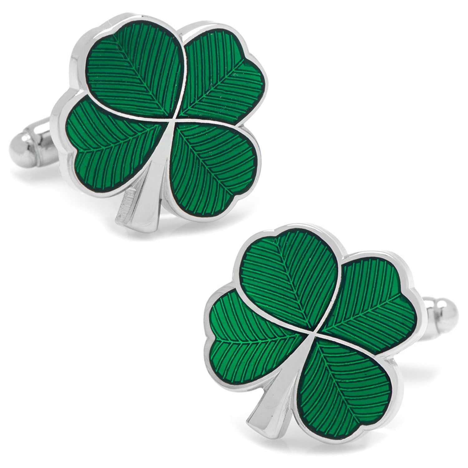 A pair of green enamel four-leaf clover cufflinks with silver metal trim against a white background.