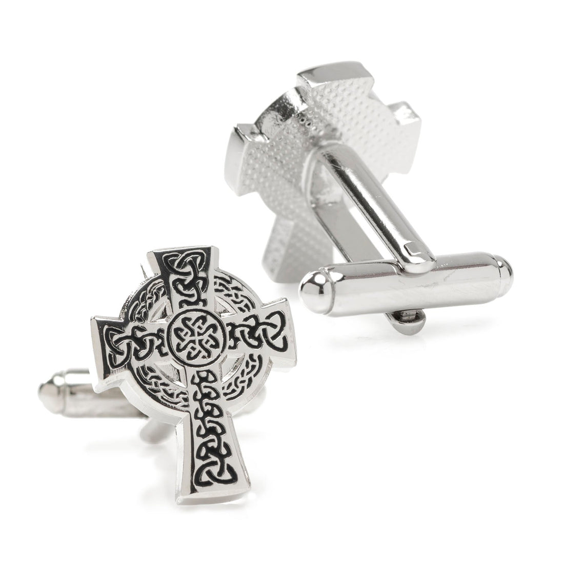 Silver Celtic Cross Cufflinks with Black Enamel Details - Image 2