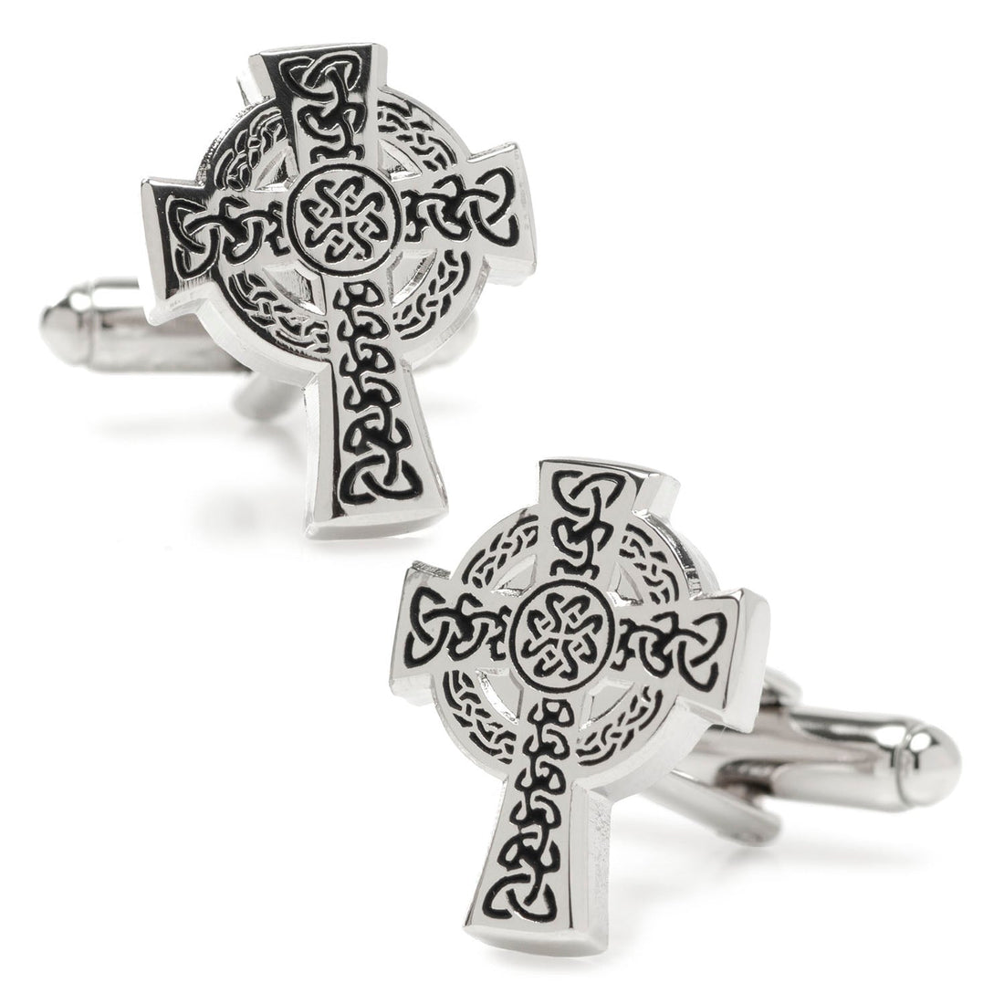 A pair of silver-toned metal cufflinks shaped like a traditional Celtic cross with black enamel knotwork details.