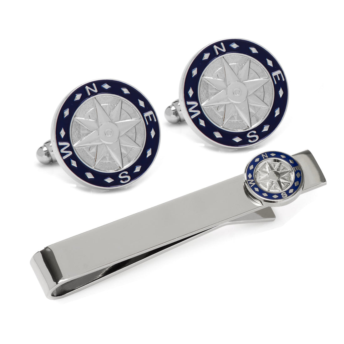 Silver plated compass themed cufflink and tie bar gift set with navy blue enamel accents
