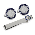 Silver plated compass themed cufflink and tie bar gift set with navy blue enamel accents