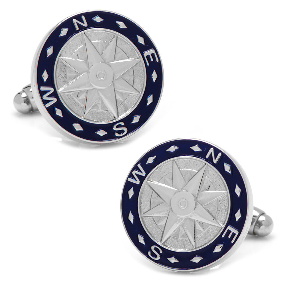 Round silver metal cufflinks with a blue enamel border and a compass dial design featuring a bullet backing.