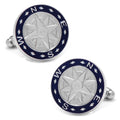 Round silver metal cufflinks with a blue enamel border and a compass dial design featuring a bullet backing.