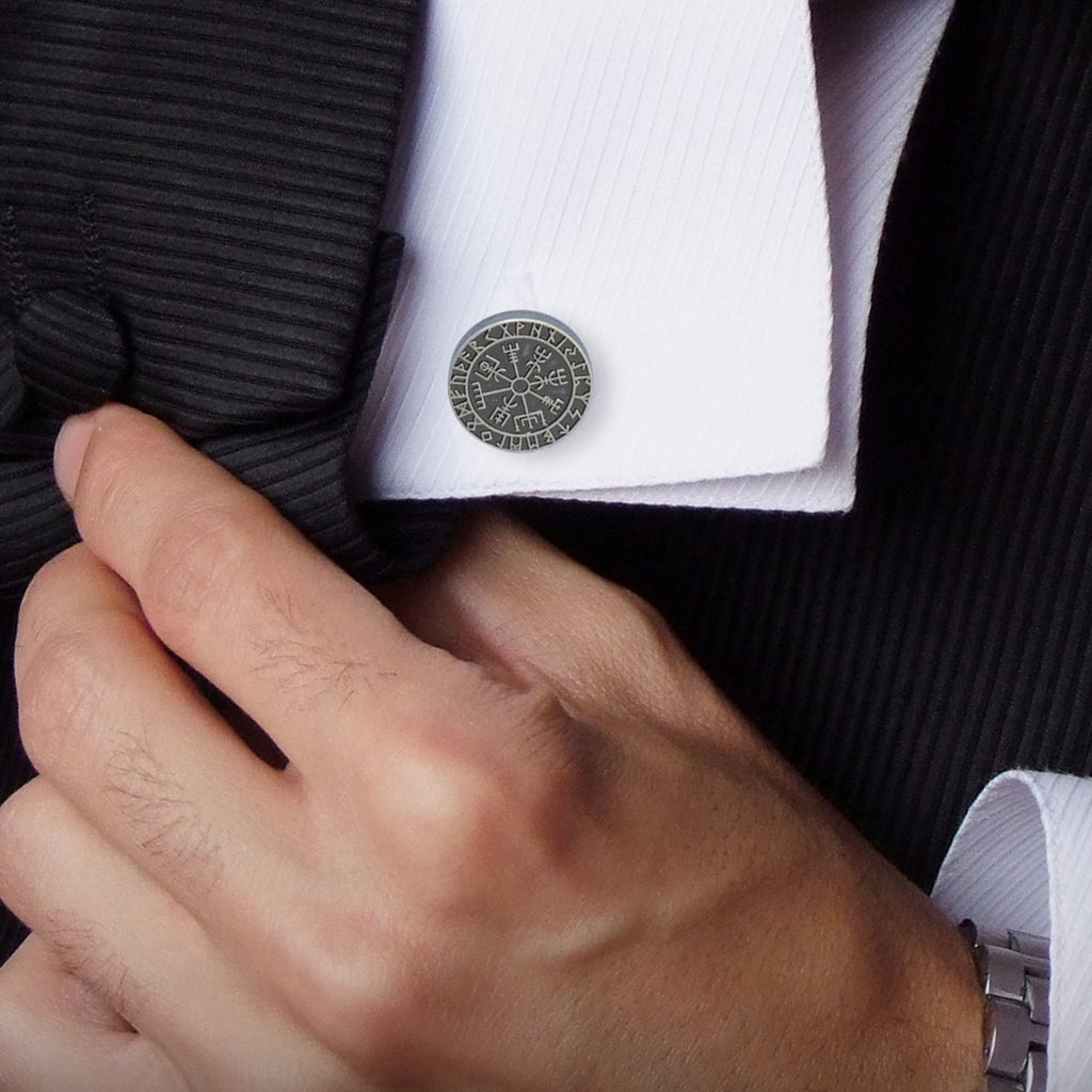 Vegvisir Viking Compass Cufflinks in Antique Silver Tone - Image 5