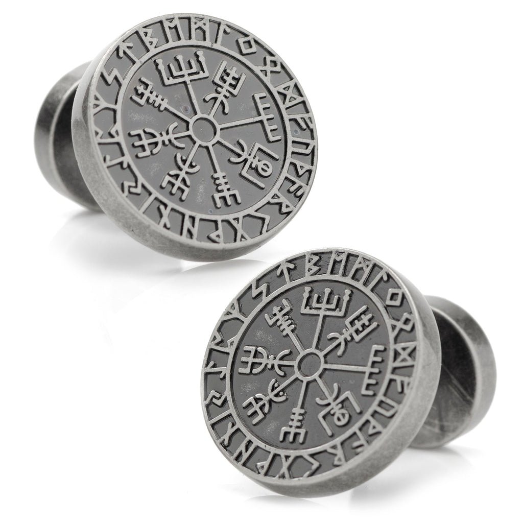 A pair of round antique silver tone cufflinks featuring an engraved Vegvisir Viking Compass design.