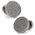 A pair of round antique silver tone cufflinks featuring an engraved Vegvisir Viking Compass design.