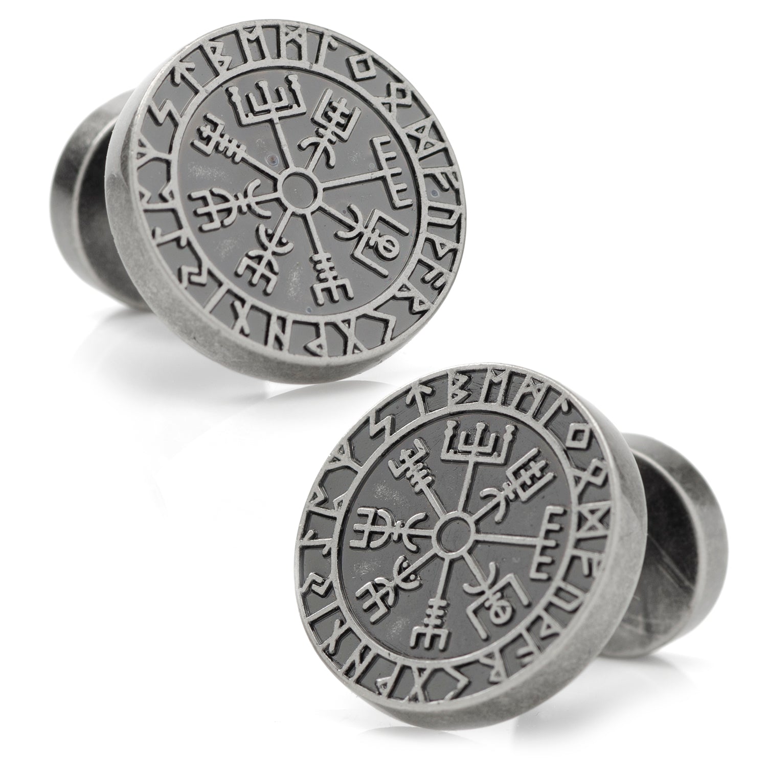 A pair of round antique silver tone cufflinks featuring an engraved Vegvisir Viking Compass design.