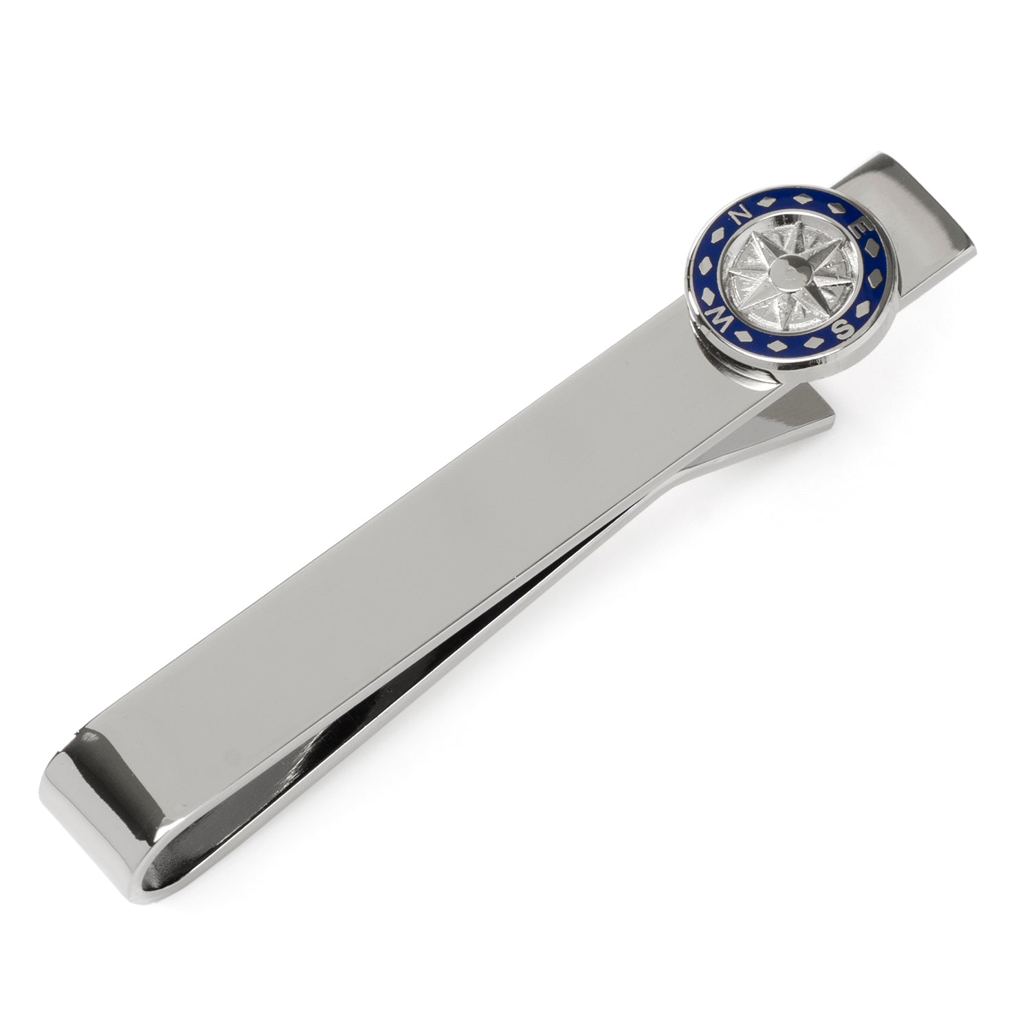 Silver tie bar with a navy blue and silver compass detail on a formal blue tie and grey suit jacket