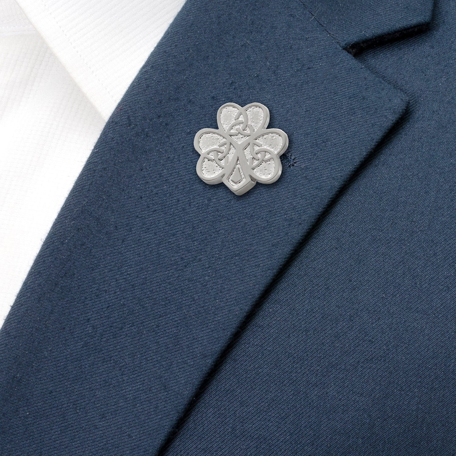 Silver Tone Celtic Knot Shamrock Lapel Pin Clover Design - Image 4