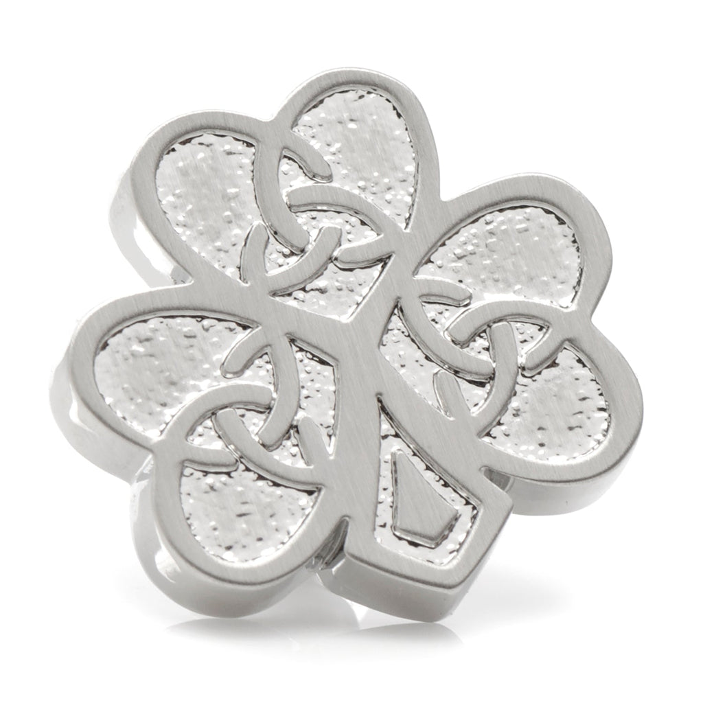 Silver tone clover lapel pin featuring a raised Celtic knot design with a clutch-back closure