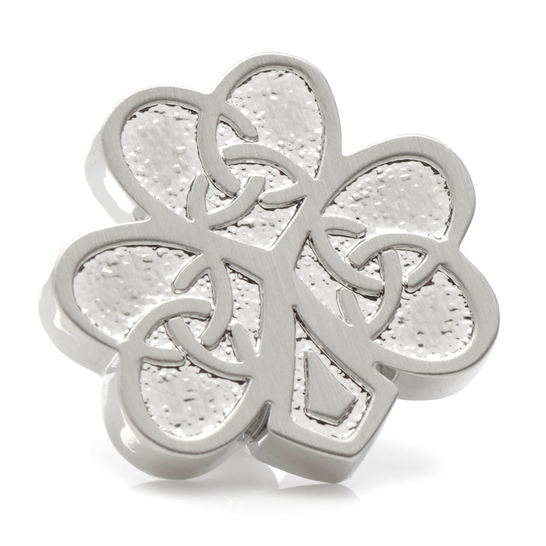 Silver tone clover lapel pin featuring a raised Celtic knot design with a clutch-back closure