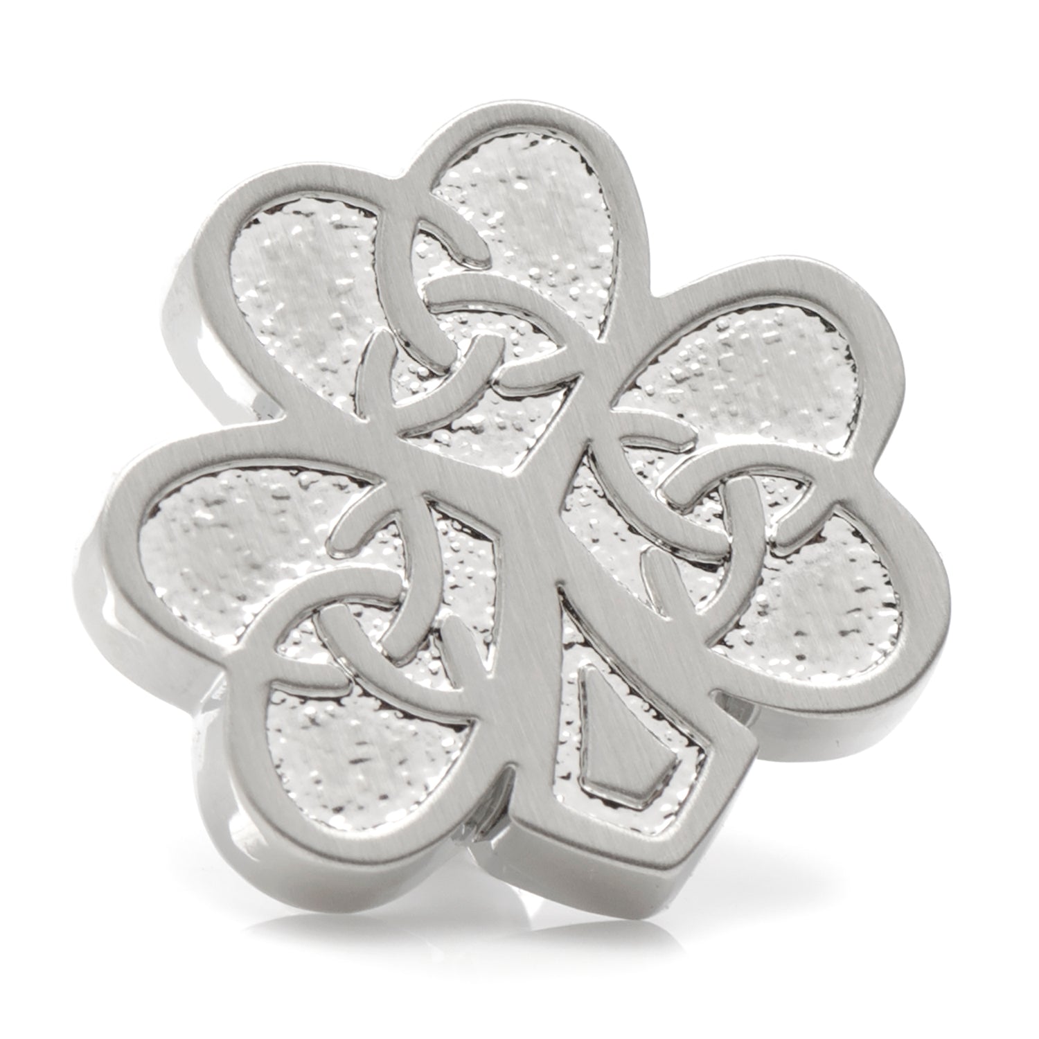 Silver tone clover lapel pin featuring a raised Celtic knot design with a clutch-back closure