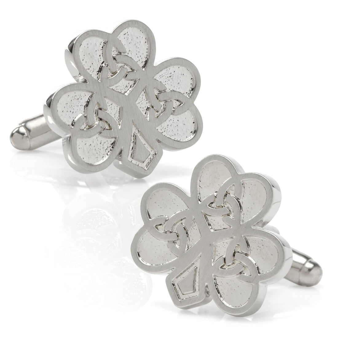 Silver tone Celtic Knot Shamrock cufflinks with bullet back closure
