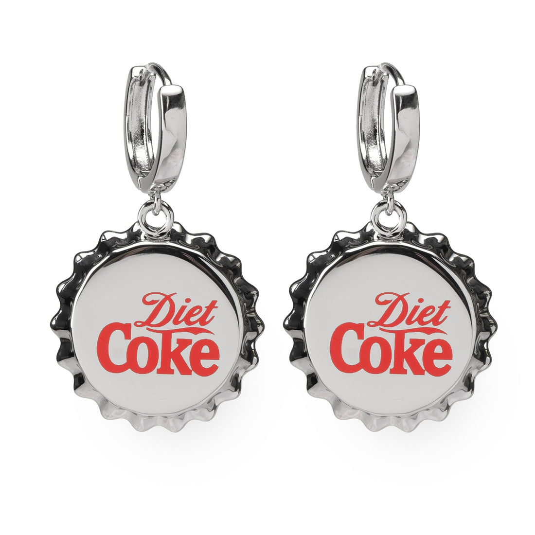 Silver-tone dangle earrings featuring a Diet Coke bottle cap charm with red logo on a hoop closure.