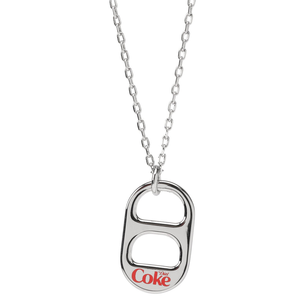 Silver-tone Diet Coke soda can pull tab pendant hanging on a matching chain