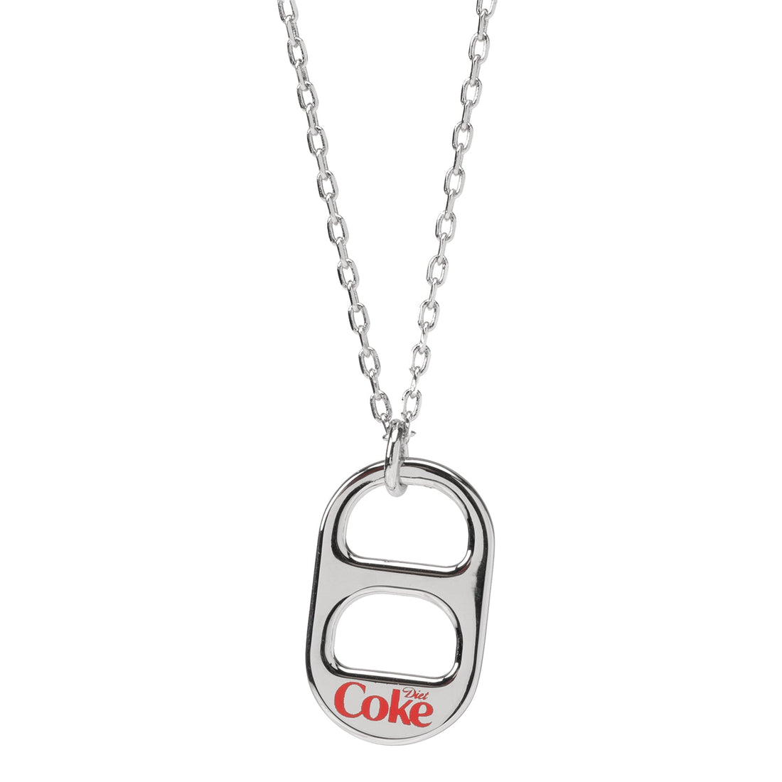 Silver-tone Diet Coke soda can pull tab pendant hanging on a matching chain
