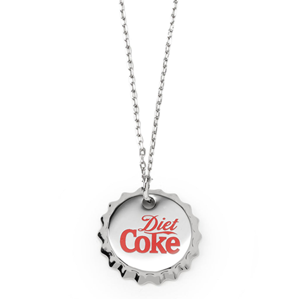 A silver-tone pendant shaped like a Diet Coke bottle cap with the red logo, hanging on a silver chain.