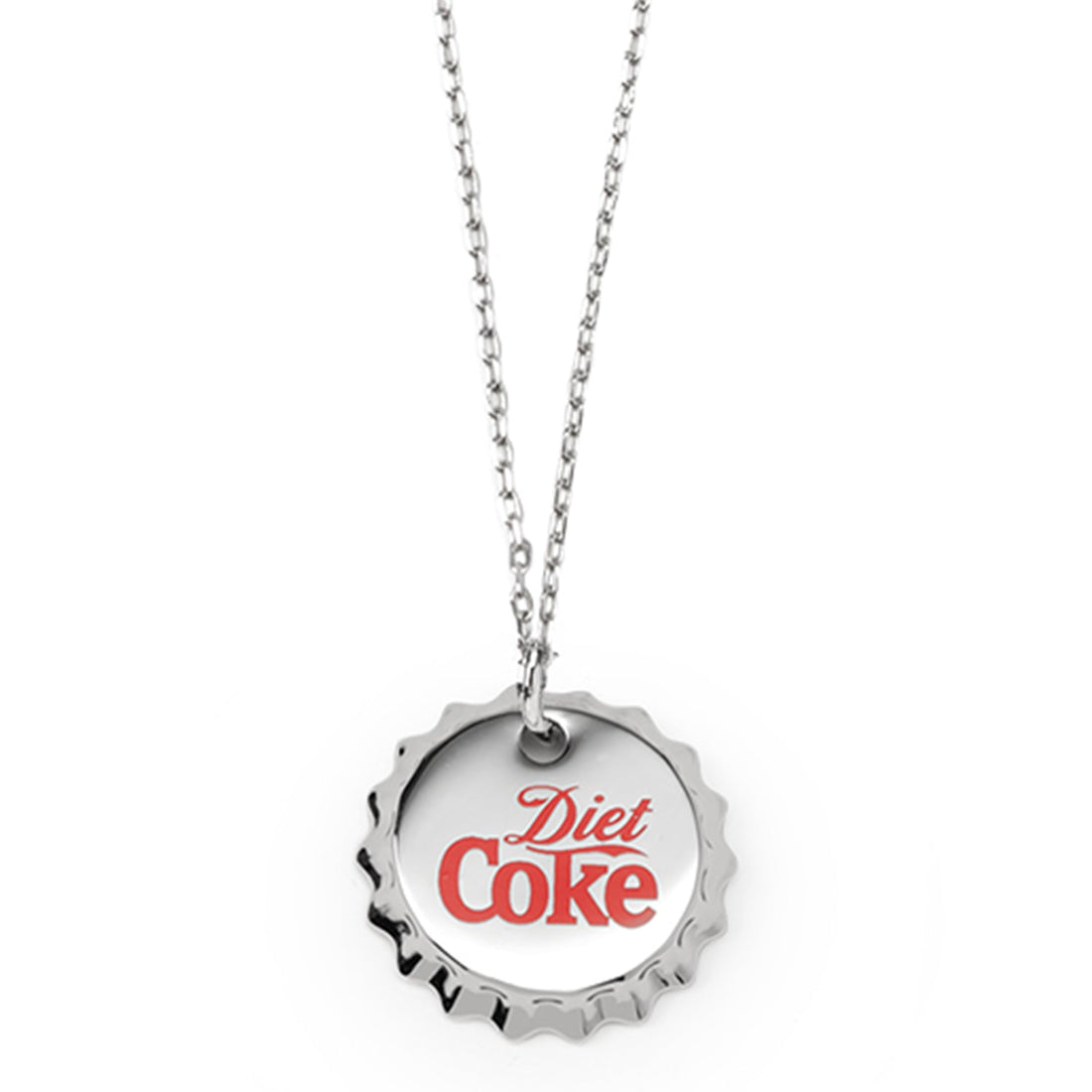 A silver-tone pendant shaped like a Diet Coke bottle cap with the red logo, hanging on a silver chain.
