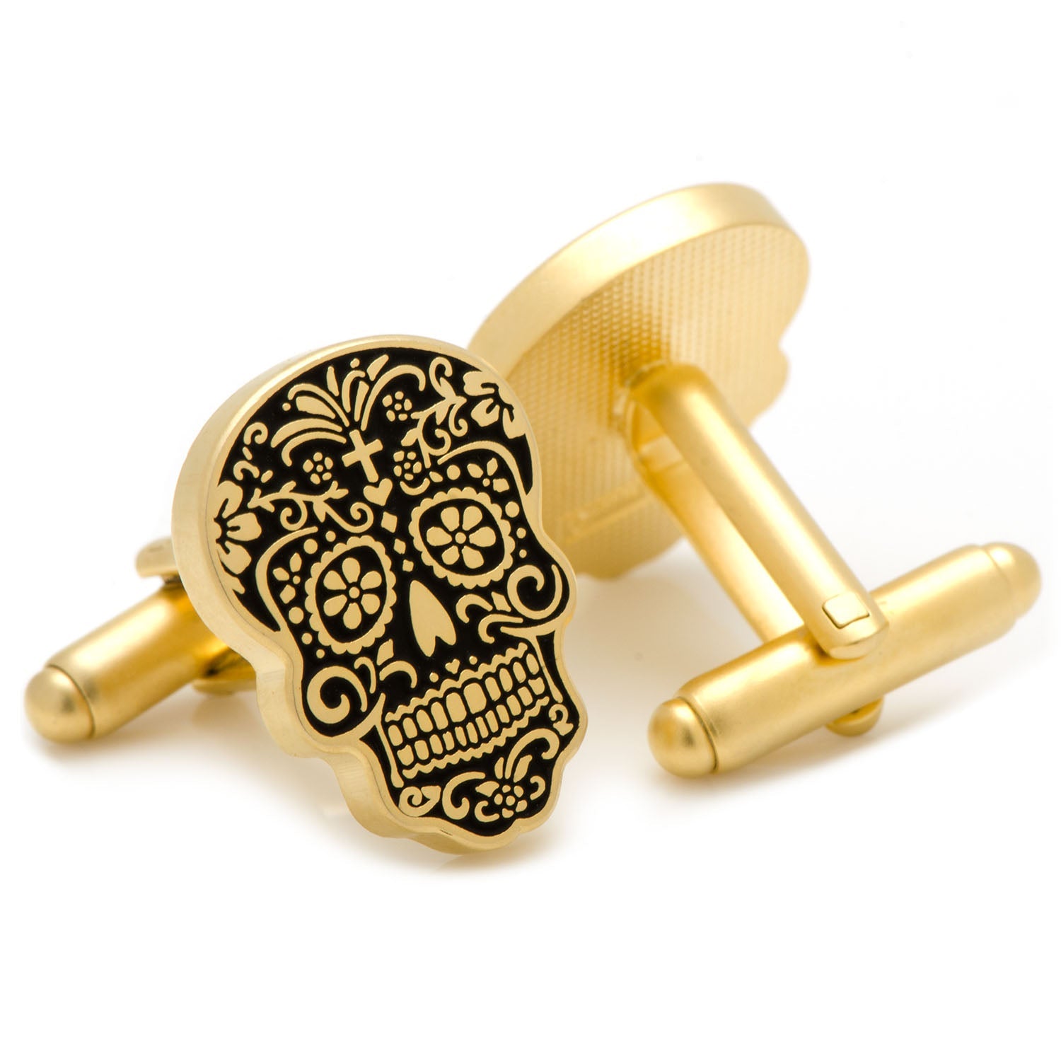 Gold and Black Day of the Dead Sugar Skull Cufflinks - Image 2