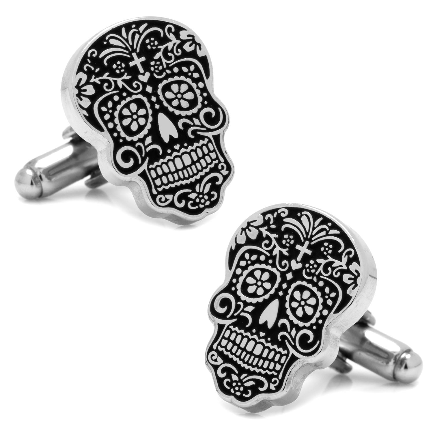 A pair of silver-tone cufflinks featuring a detailed black Day of the Dead sugar skull pattern.