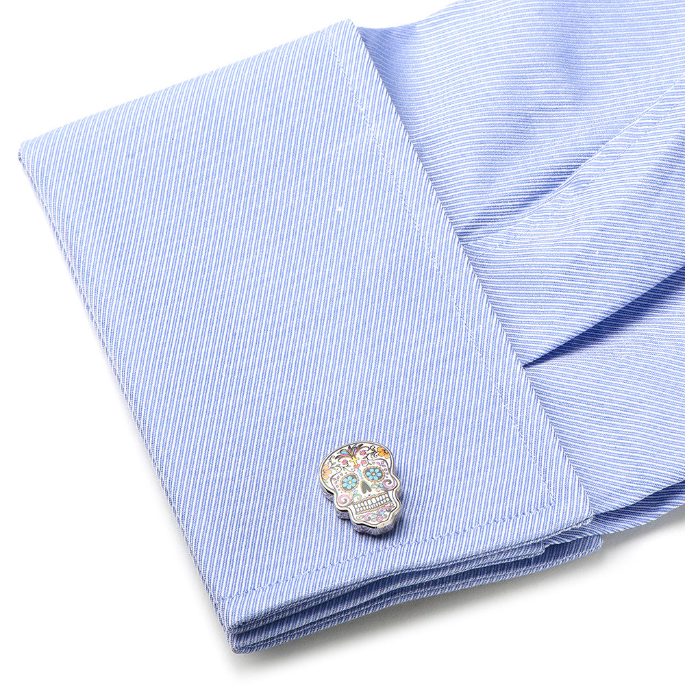 Day of the Dead Sugar Skull Cufflinks with Multi-Color Detail - Image 3