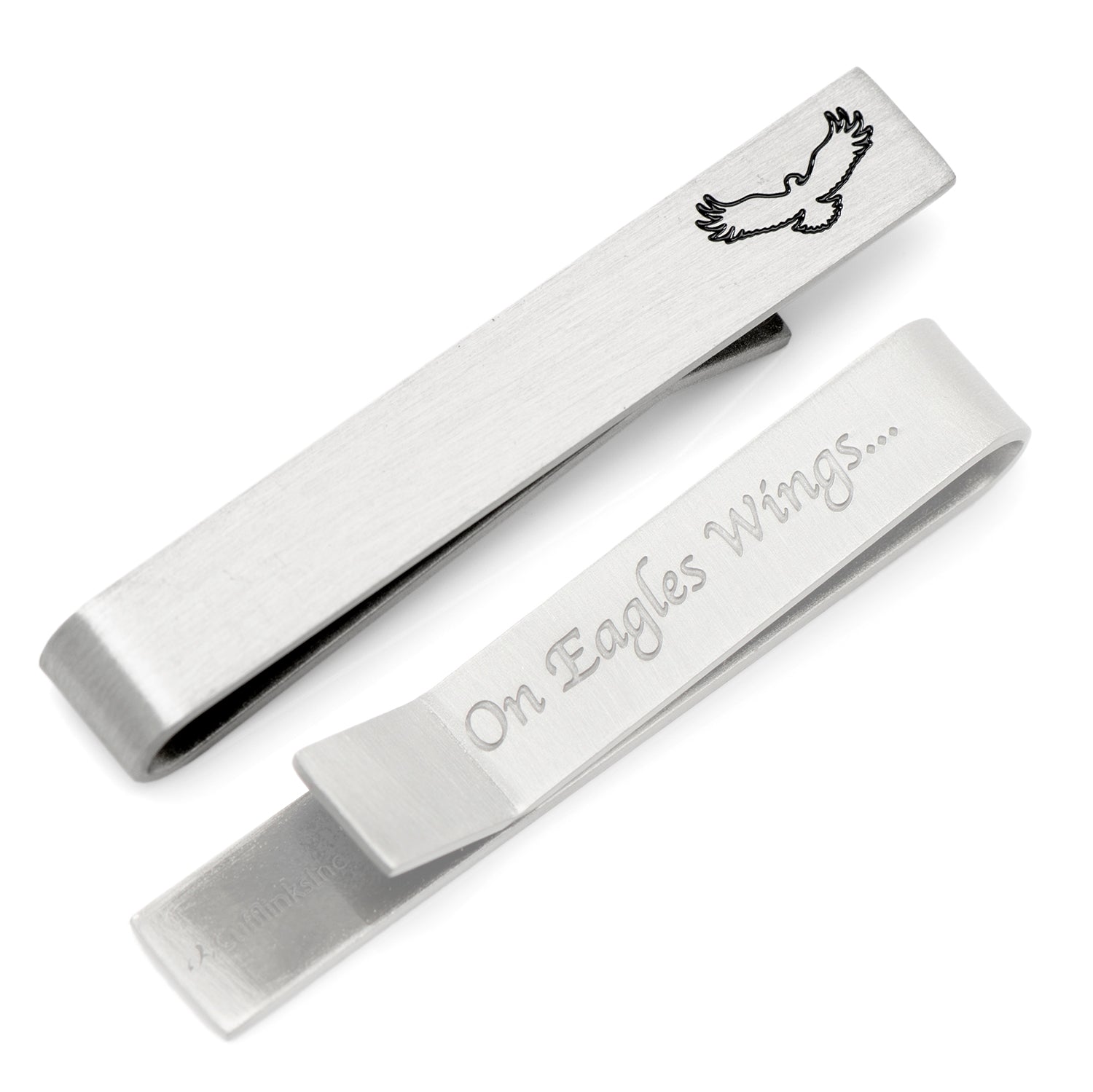 Silver tone tie bar with engraved eagle design and hidden message on the reverse side