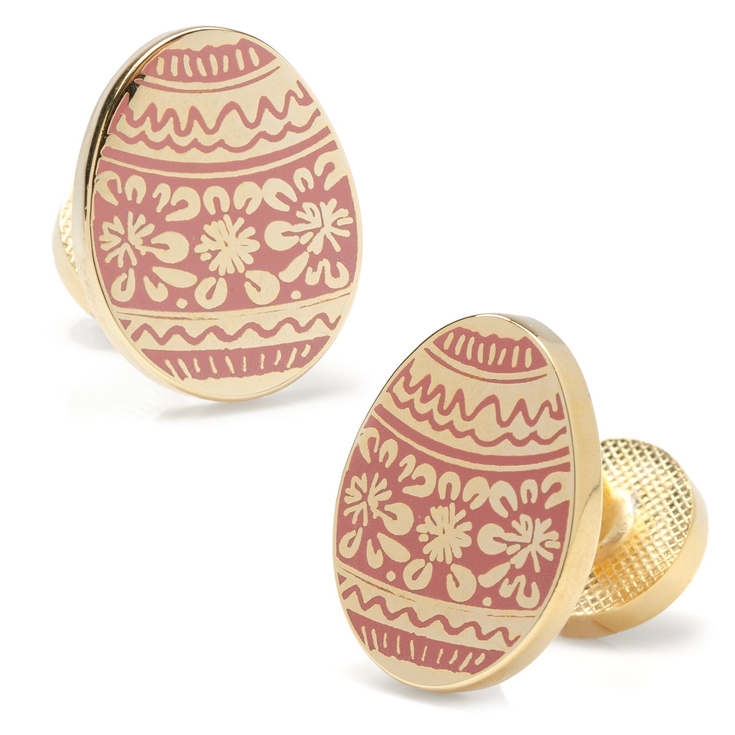 A pair of egg-shaped cufflinks with dark blush enamel and gold metal detailing.