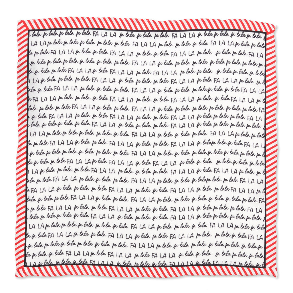A festive 100% silk pocket square with a red and white candy cane striped border and a repeated Deck the Halls song lyric pattern.