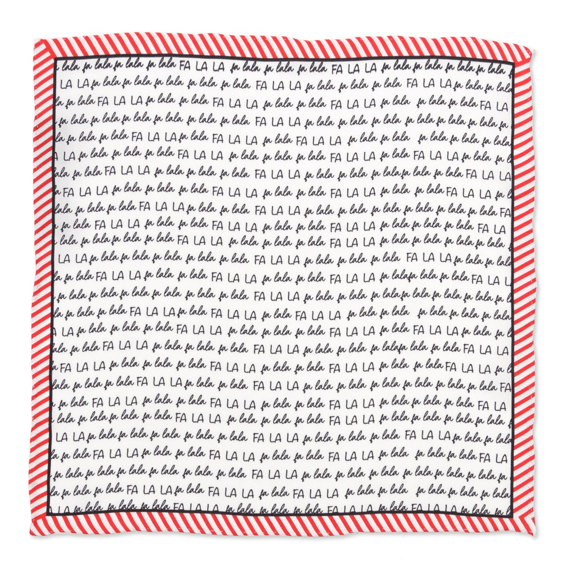 A festive 100% silk pocket square with a red and white candy cane striped border and a repeated Deck the Halls song lyric pattern.