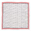 A festive 100% silk pocket square with a red and white candy cane striped border and a repeated Deck the Halls song lyric pattern.
