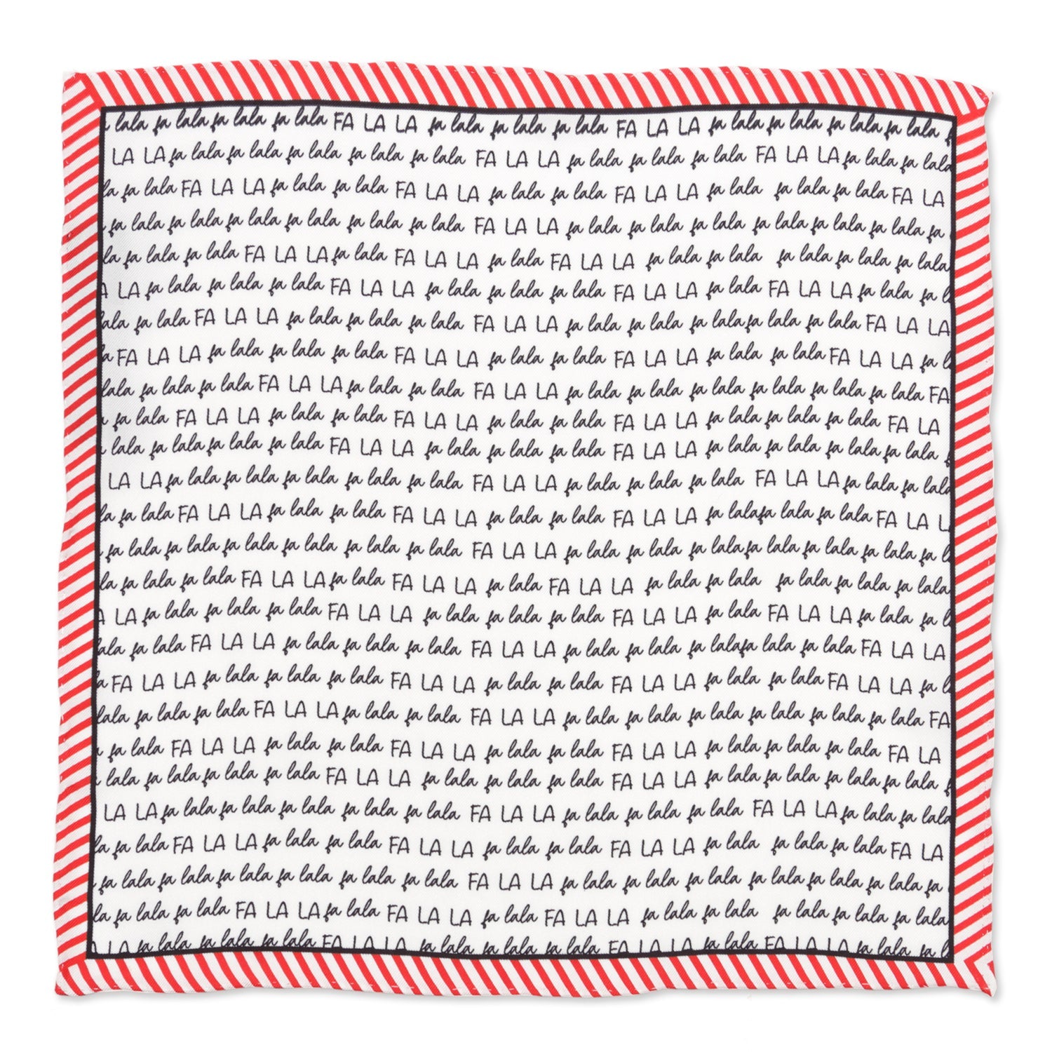 A festive 100% silk pocket square with a red and white candy cane striped border and a repeated Deck the Halls song lyric pattern.