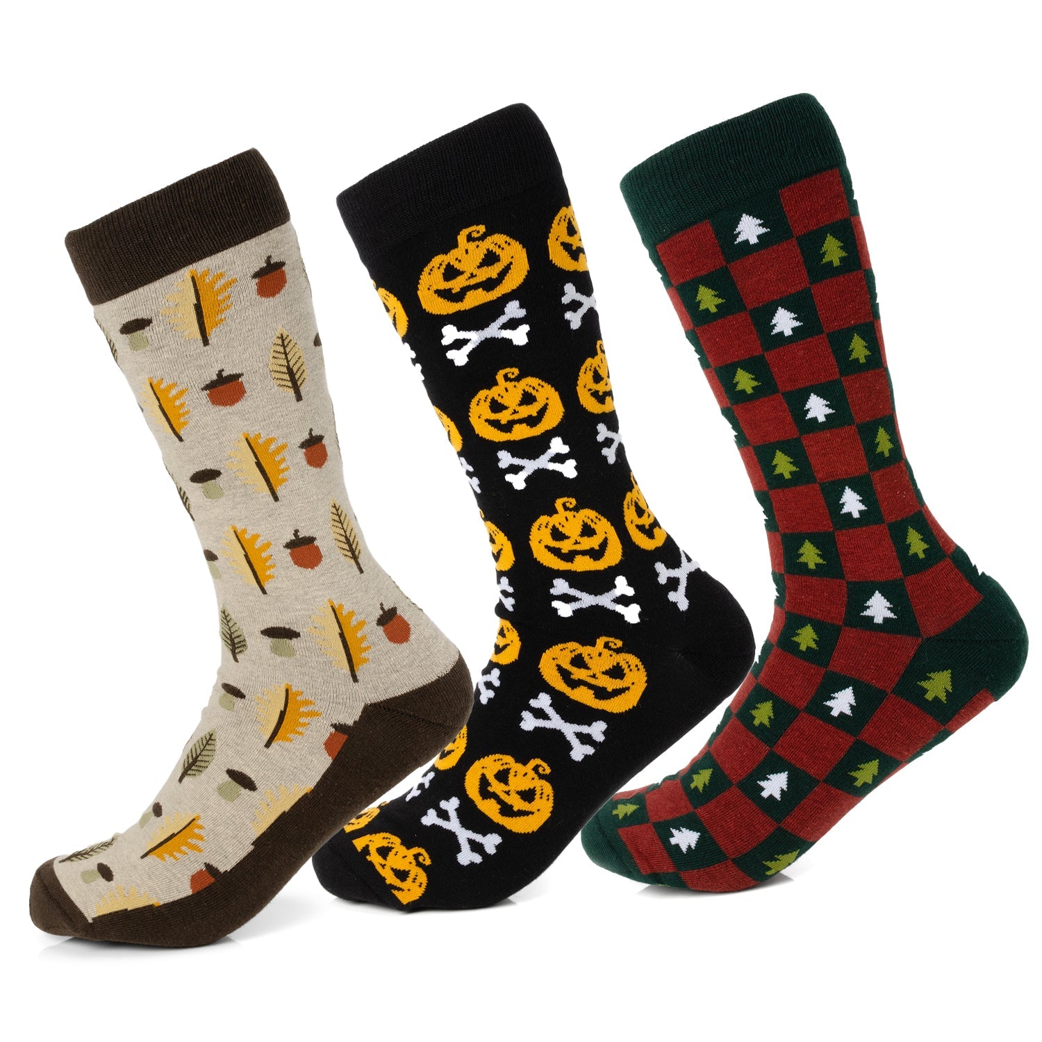 Three pairs of seasonal crew socks featuring autumn leaves, Halloween pumpkins, and Christmas tree patterns.
