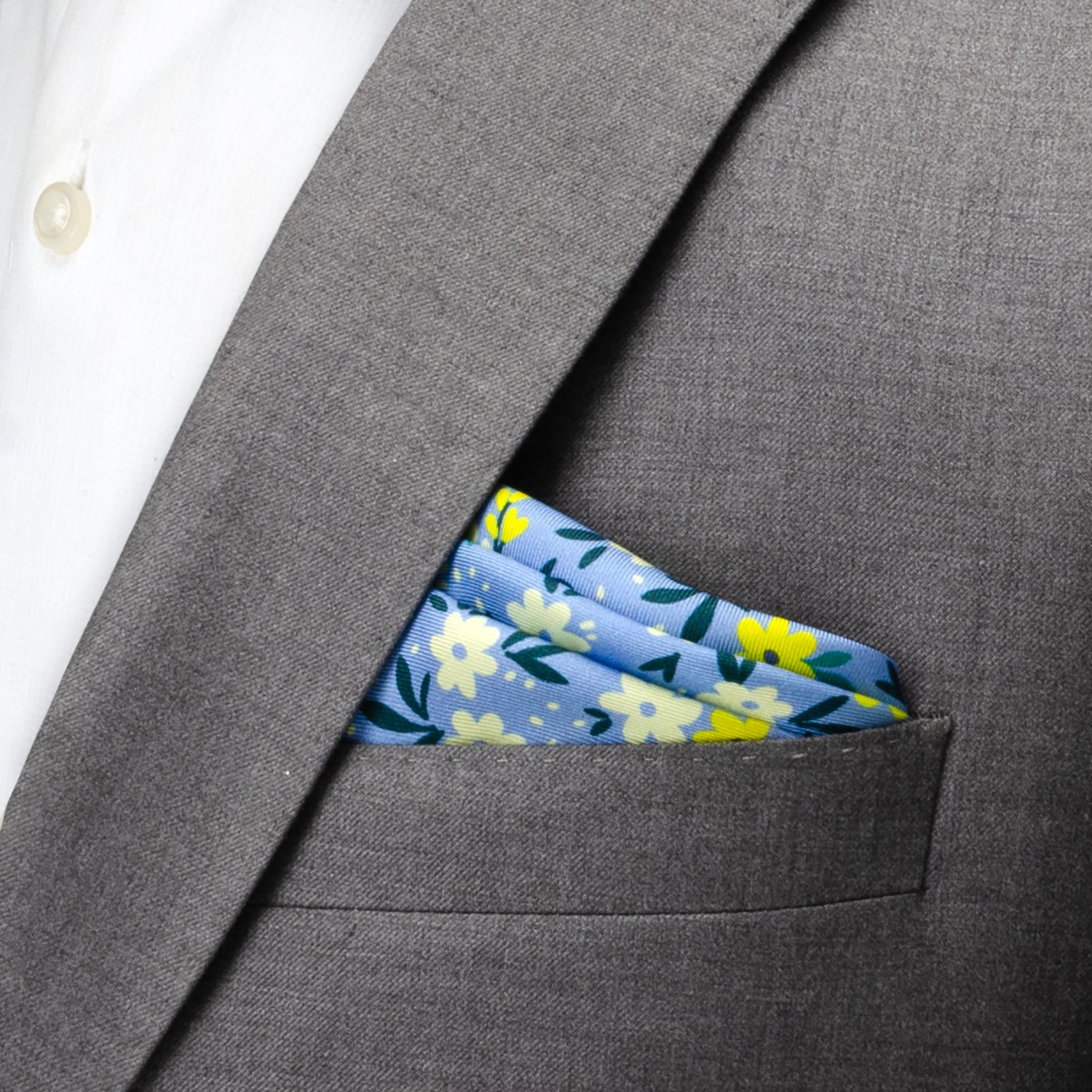 Floral Blue Silk Pocket Square with Yellow and White Blooms - Image 2