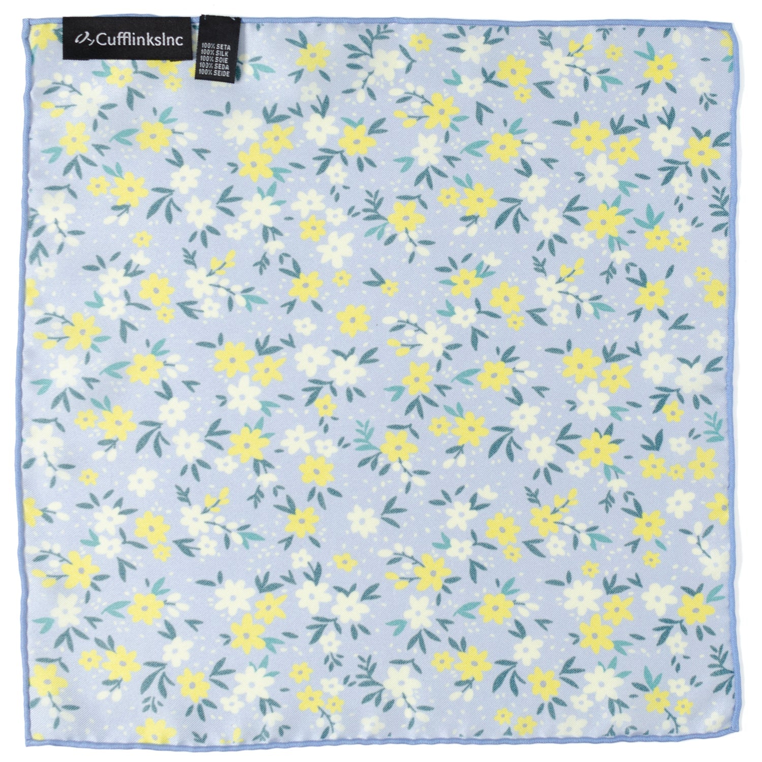 Floral Blue Silk Pocket Square with Yellow and White Blooms - Image 3