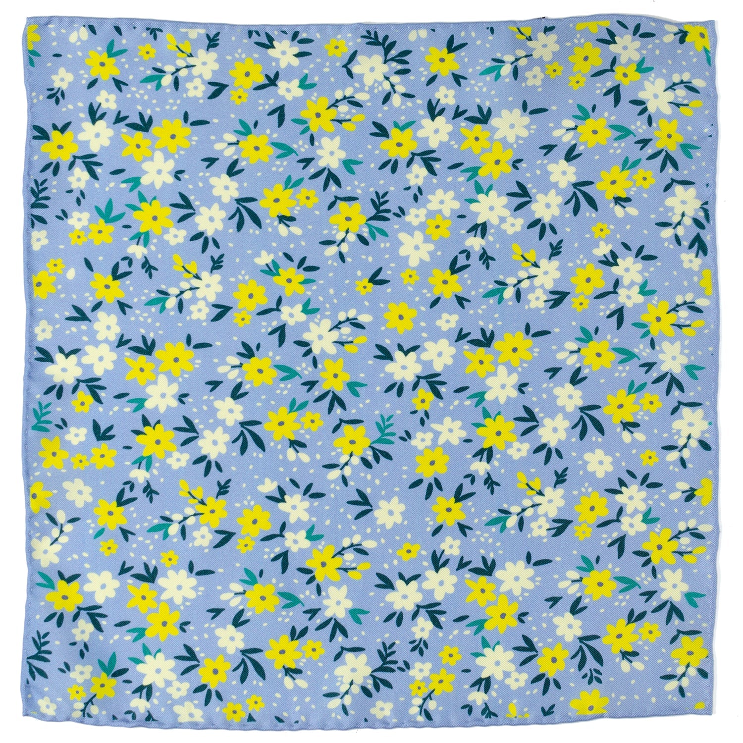 A square of fabric with a soft blue background and a pattern of bright yellow and white flowers with dark green leaves.