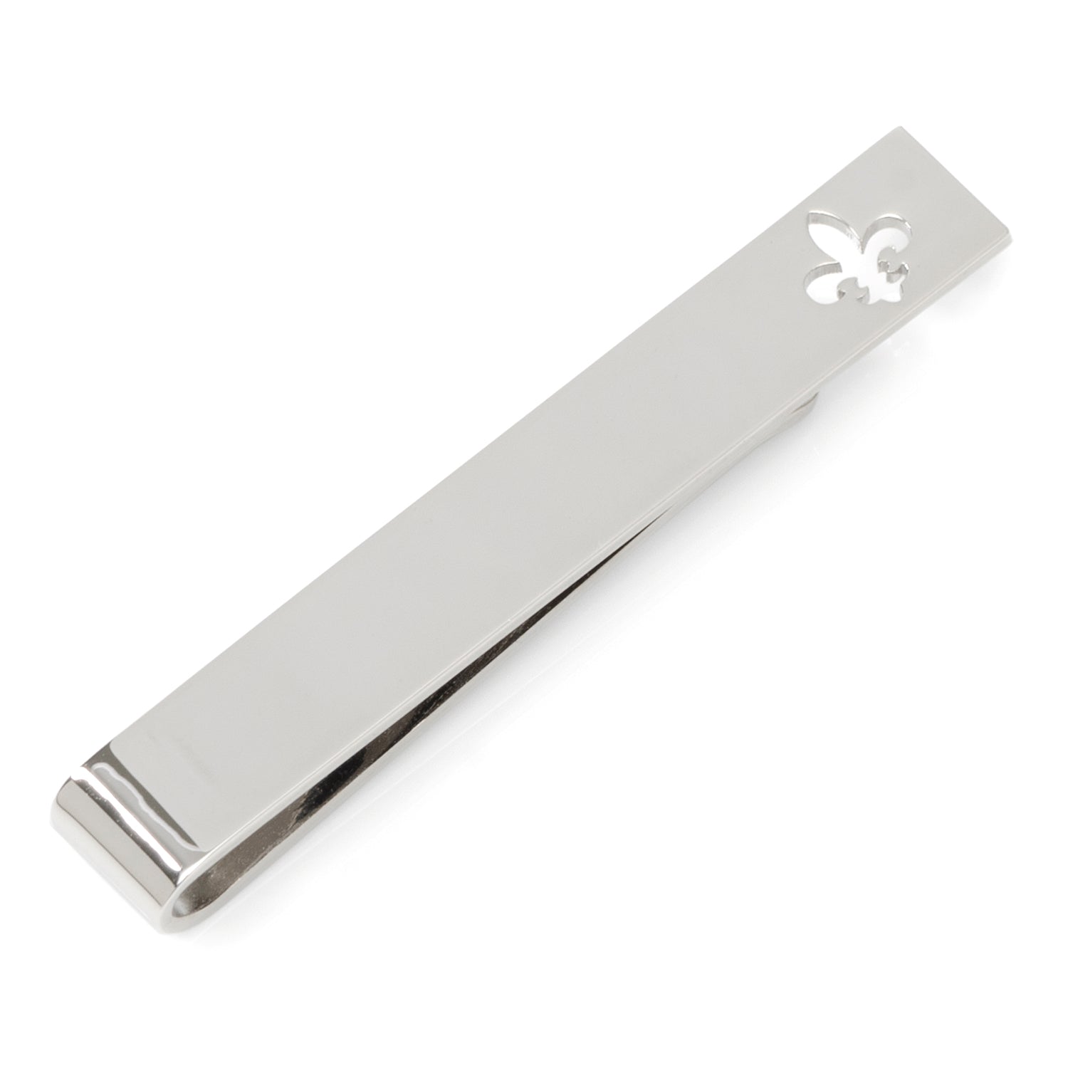 Silver tie bar featuring a fleur de lis cutout design clipped onto a tie.