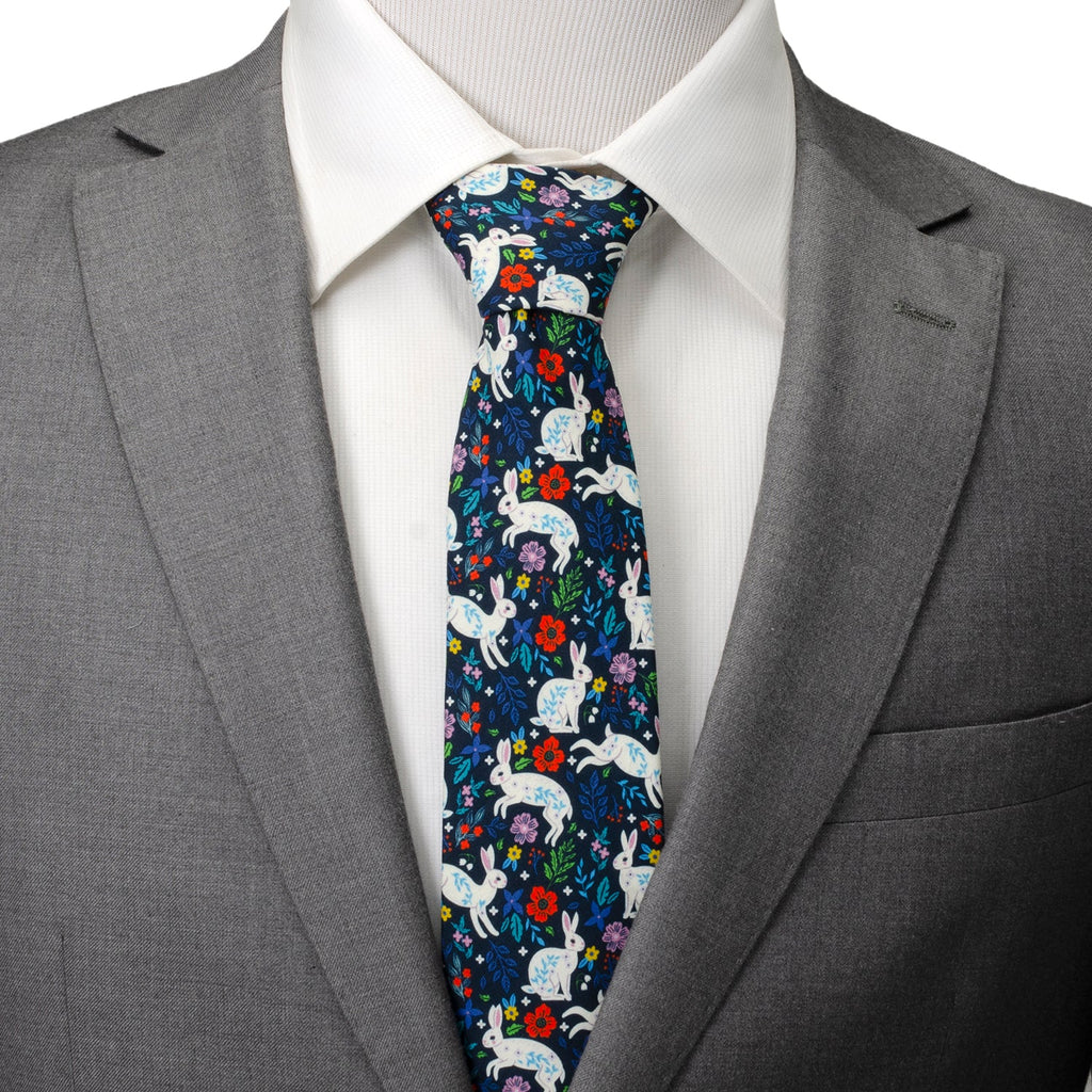 Floral Rabbit Print Men's Tie in Navy Cotton - Image 2
