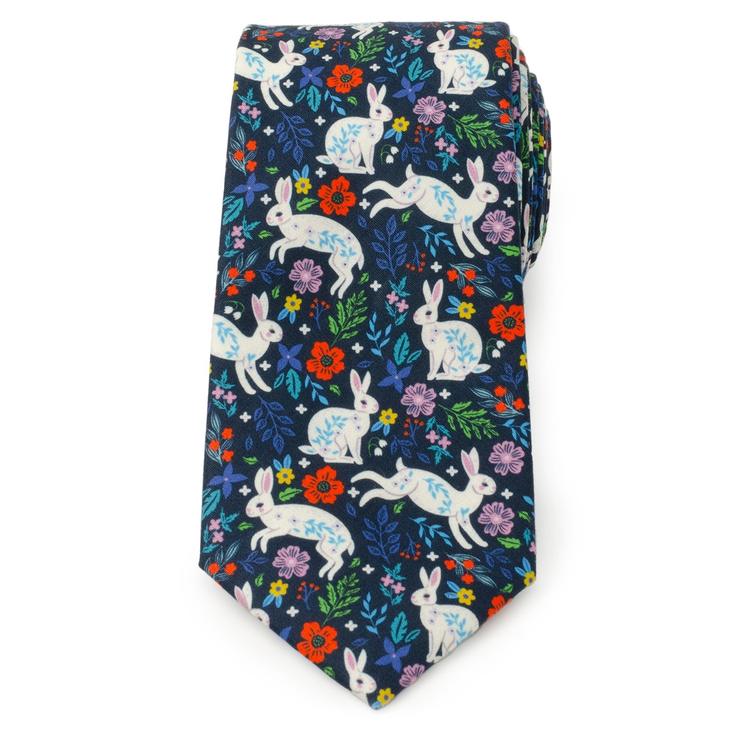 Floral Rabbit Print Men's Tie in Navy Cotton - Image 3