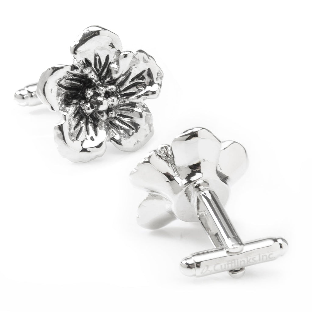 Silver Tone Flower Cufflinks with Floral 3D Design