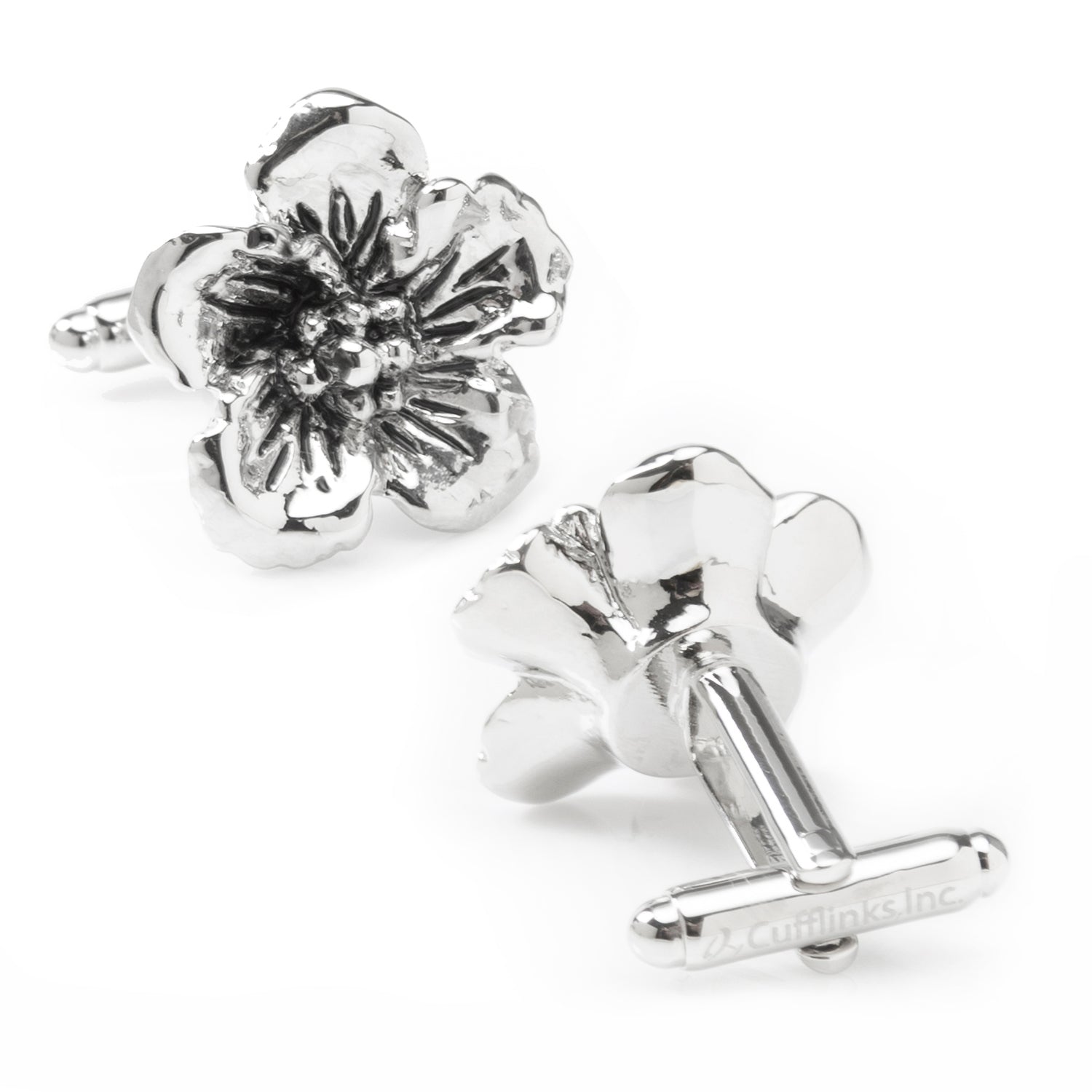 Silver Tone Flower Cufflinks with Floral 3D Design